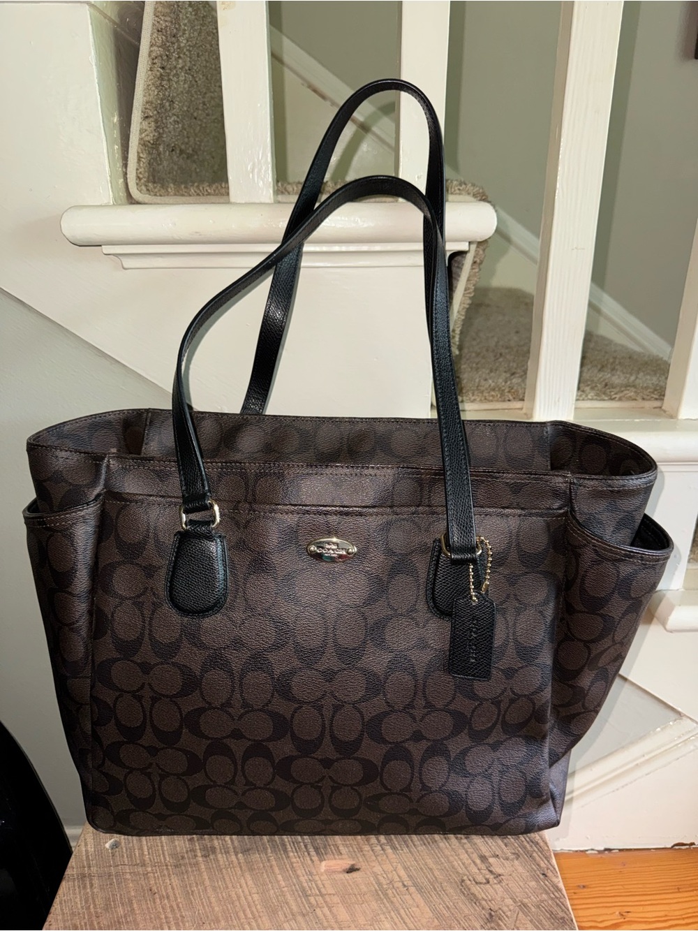 Coach F35414 Large Diaper Overnight Tote Travel Bag Coated Canvas Brown Black